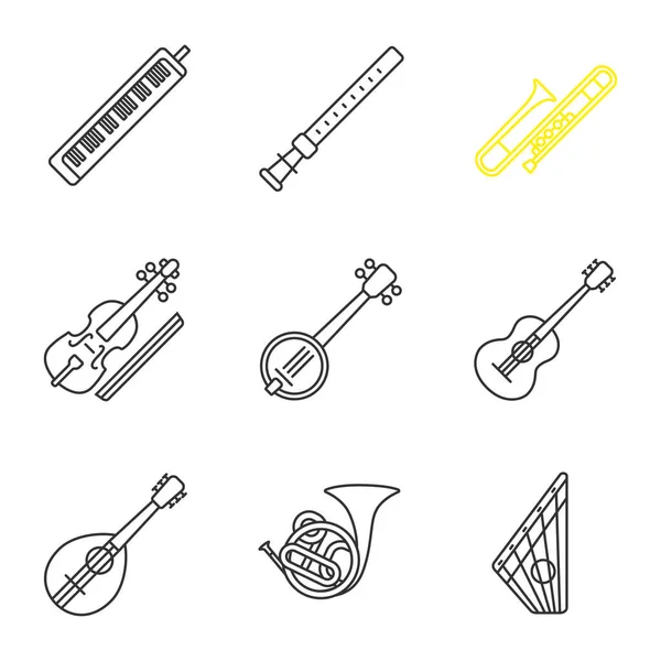 Instrumentos Musicais Conjunto Ícones Lineares Melodica Duduque Trombone Viola Banjo —  Vetores de Stock