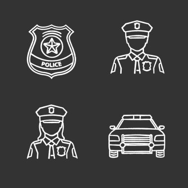 Polis Icons set tebeşir. Polis ve polis, Araba, rozet. İzole vektör kara tahta çizimler