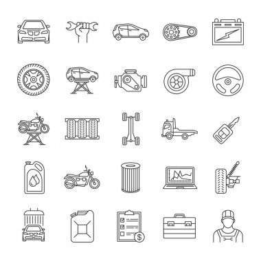 Otomatik atölye doğrusal Icons set. Araba Servisi. Aletleri, ekipman ve yedek parça. İnce çizgi kontur sembolleri. İzole vektör anahat çizimler
