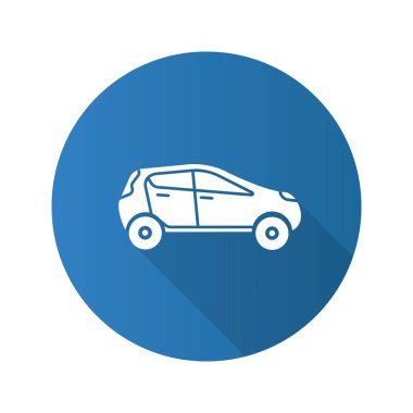 Araba yan görünüm düz tasarım uzun gölge glif simgesi. Otomobil. Vektör siluet çizimi