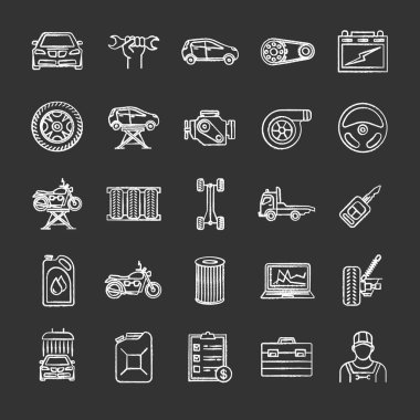 Otomatik atölye tebeşir Icons set. Araba Servisi. Aletleri, ekipman ve yedek parça. İzole vektör kara tahta çizimler