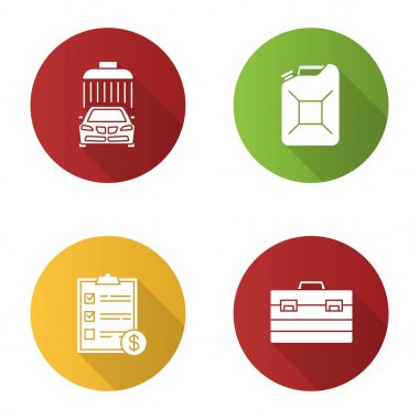 Otomatik atölye düz tasarım uzun gölge glif simgeler kümesi. Araba yıkama, çelik jerry can, fatura, inşaat araç kutusu. Vektör siluet çizimi