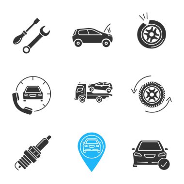 Auto workshop glyph icons set. Screwdriver and spanner, broken car, punctured tire, assistance, tow truck, wheel changing, spark plug, gps, total check. Silhouette symbol. Vector isolated illustration clipart