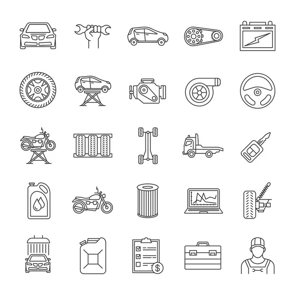 Otomatik atölye doğrusal Icons set. Araba Servisi. Aletleri, ekipman ve yedek parça. İnce çizgi kontur sembolleri. İzole vektör anahat çizimler