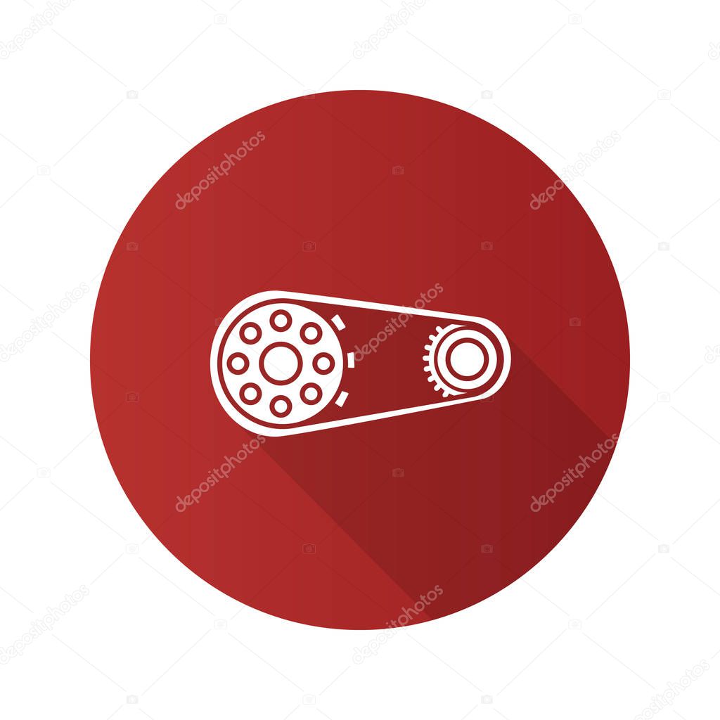Sprocket wheel with chain flat design long shadow glyph icon. Drive belt on pulley. Vector silhouette illustration