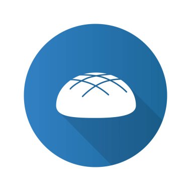 Yuvarlak çavdar ekmeği somun düz tasarım uzun gölge glif simgesi. Vektör siluet çizimi