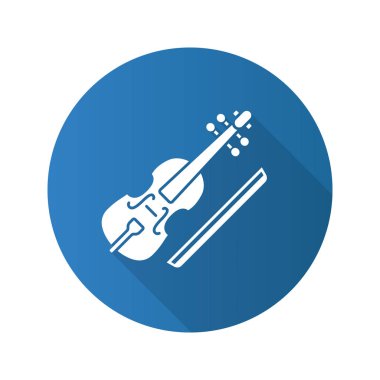 Viyola ve yay düz tasarım uzun gölge glif simgesi. Çello. Vektör siluet çizimi