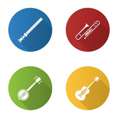 Müzik aletleri düz tasarım uzun gölge glif Icons set. Duduk, gitar, banjo, trombon. Vektör siluet çizimi