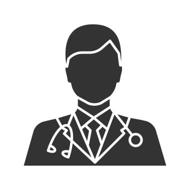 Doktor glif simgesi. Tıbbi işçi. Uygulayıcı. Siluet simge. Negatif alan. İzole vektör çizim