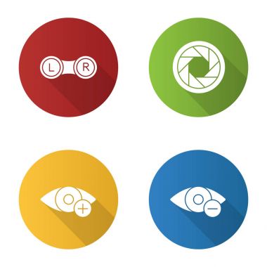 Oftalmoloji düz tasarım uzun gölge glif simgeler kümesi. Lens kutusu, diyafram, hipermetrop, miyop başvurun. Vektör siluet çizimi