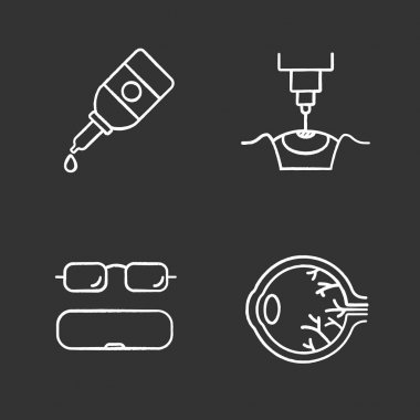 Oftalmoloji tebeşir simgeler kümesi. Göz damlaları, lazer cerrahisi, gözlük durumda, boğaz göz. İzole vektör kara tahta çizimler