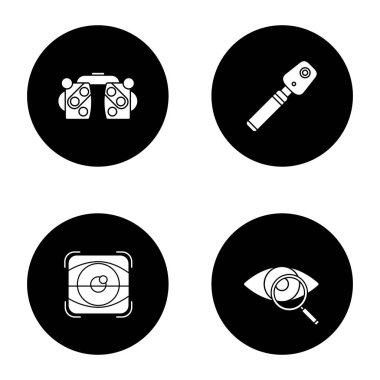 Ophtalmology glyph icons set. Phoropter, ophthalmoscope, retina scan, eyesight test. Vector white silhouettes illustrations in black circles clipart
