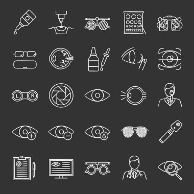 Oftalmoloji tebeşir simgeler kümesi. Optometri. Görüş muayene ve tedavi ekipmanları. İzole vektör kara tahta çizimler