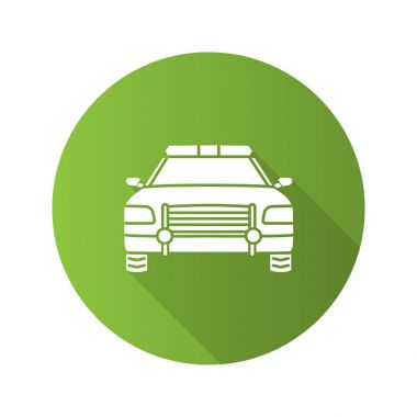 Polis araba düz tasarım uzun gölge glif simgesi. Vektör siluet çizimi