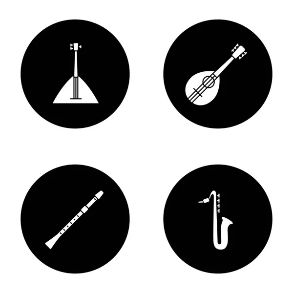 Musikinstrument Glyph Ikoner Set Balalajka Mandolin Saxofon Flöjt Vector Vit — Stock vektor