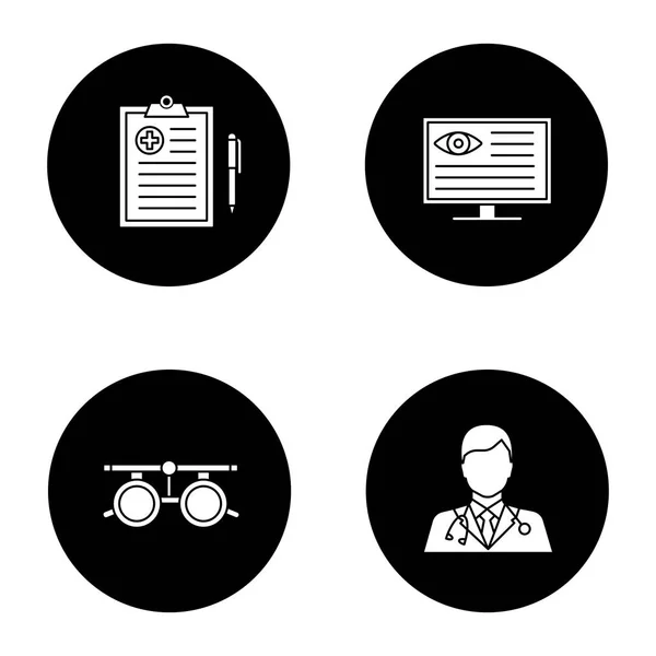 Oftalmologie Glyph Iconen Set Medisch Rapport Computer Diagnostiek Examen Bril — Stockvector