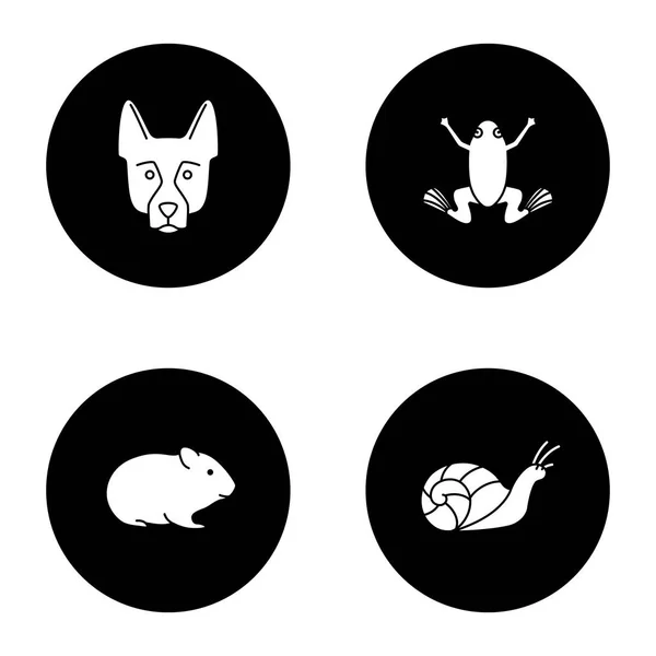 Haustiere Glyphen Symbole Gesetzt Schäferhund Frosch Hamster Schnecke Vektor Weiße — Stockvektor