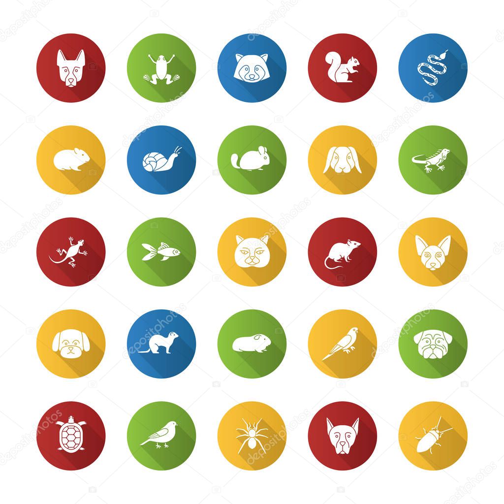 Pets flat design long shadow glyph icons set. Exotic animals. Rodents, birds, reptiles, insects, dogs, cats. Vector silhouette illustration
