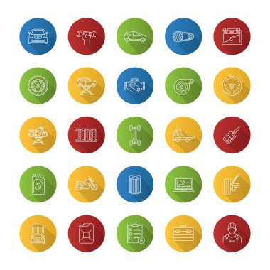 Beyaz arka plan üzerinde izole renkli otomatik atölye düz tasarım simge kümesi