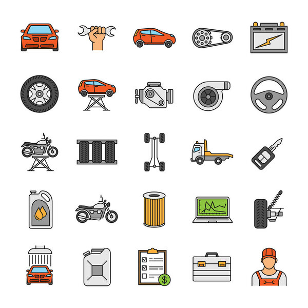 Set of colorful auto workshop icons on white background