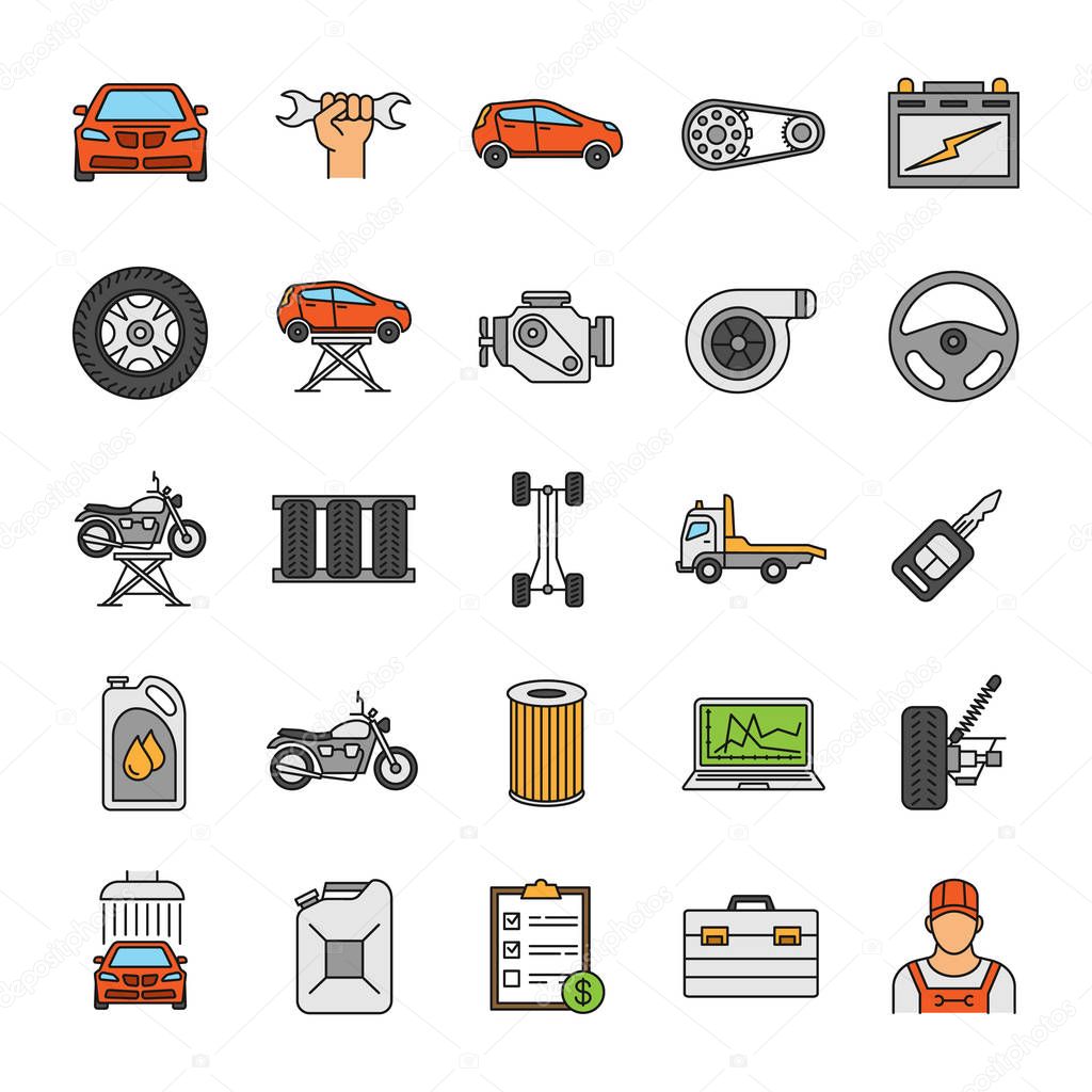 Set of colorful auto workshop icons on white background