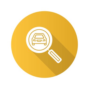 Beyaz arka plan üzerinde izole araba düz tasarım simgesi olan büyüteç