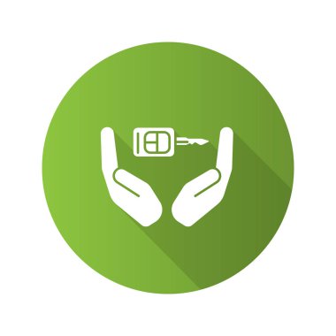 Beyaz arka plan üzerinde izole araba anahtar düz tasarım simgesi ile açık avuç içi