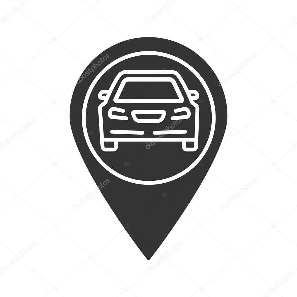 Map pinpoint with car inside glyph icon isolated on white background
