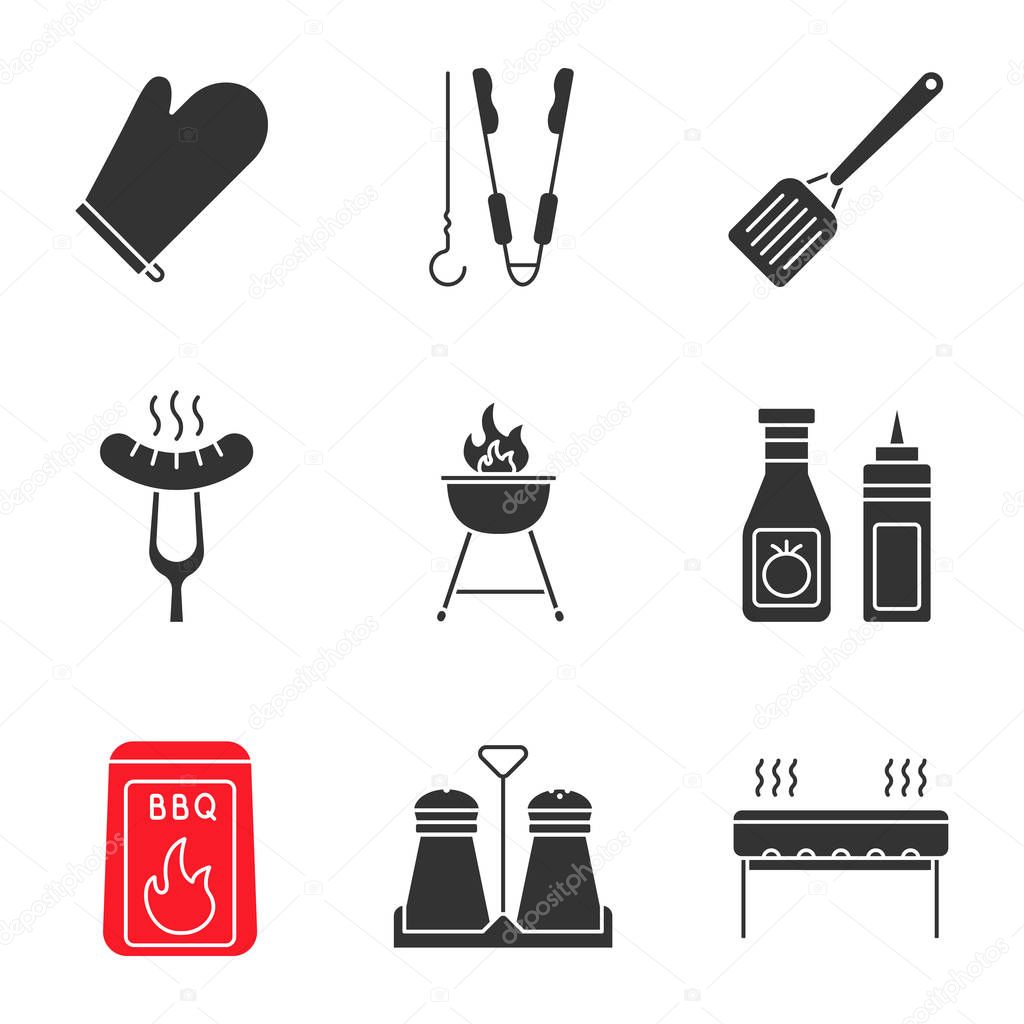 Set of barbecue glyph icons on white background
