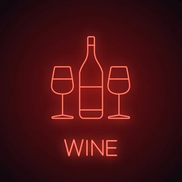 Vinho e dois copos ícone de luz de néon — Vetor de Stock