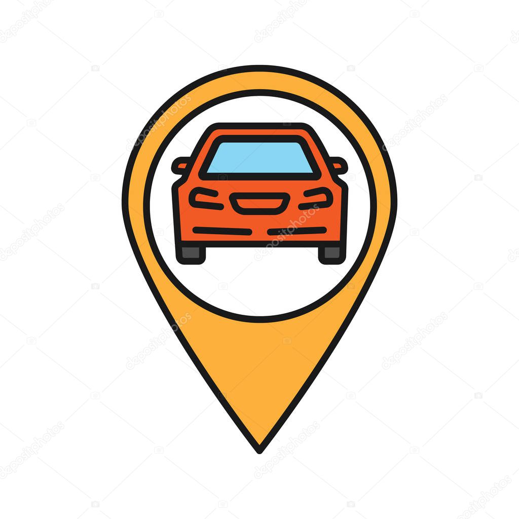 Map pinpoint with car inside color icon. Auto workshop, petrol station, parking zone location. Isolated vector illustration