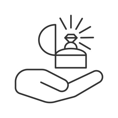 Evlilik teklifi doğrusal simgesi. El holding halka kutusunda. İnce hat illüstrasyon. Nişan. Kontur sembolü. Çizim vektör izole anahat