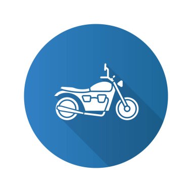 Motosiklet düz tasarım uzun gölge glif simgesi. Motosiklet. Vektör siluet çizimi