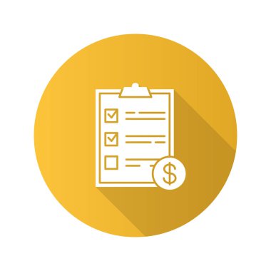 Dolar işareti düz tasarım uzun gölge glif simgesi ile servis listesi. İşletme belgesi. Fatura. Vektör siluet çizimi