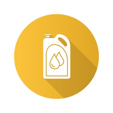 Motor yağı düz tasarım uzun gölge glif simgesi. Plastik jerry ile sıvı damla olabilir. Yakıt konteyner. Vektör siluet çizimi