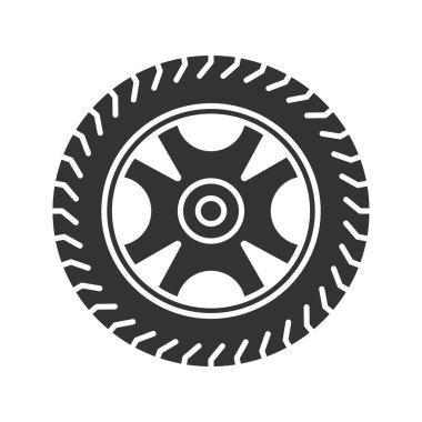 Araba jant ve lastik glif simgesi. Otomobil tekerlek. Siluet simge. Negatif alan. İzole vektör çizim