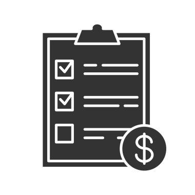 Dolar işareti karakter simgesi olan servis listesi. İşletme belgesi. Fatura. Siluet simge. Negatif alan. İzole vektör çizim