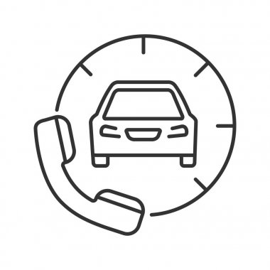 Doğrusal simgesi sipariş taksi. Cep telefonu ile araba. İnce hat illüstrasyon. Yol kenarı yardım çağrısı. Kontur sembolü. Çizim vektör izole anahat