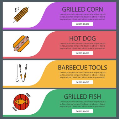 Barbekü web afiş şablonları ayarlayın. Web sitesi renk menü öğeleri. Barbekü. ızgara mısır, sosisli sandviç, maşa ve şiş, balık ızgara ızgara üzerinde. Vektör üstbilgileri kavramları tasarım