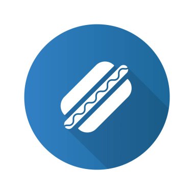 Amerikan sosisli sandviç düz tasarım uzun gölge glif simgesi. Hamur sosis. Vektör siluet çizimi