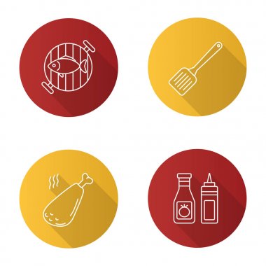 Barbekü düz doğrusal uzun gölge simgeler kümesi. Barbekü. ızgara balık, mutfak spatula, tavuk budu, ketçap ve hardal. Vektör anahat çizim