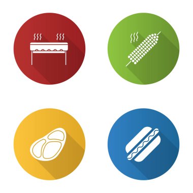 Barbekü düz tasarım uzun gölge glif simgeler kümesi. Izgara, şiş, biftek, sosisli Mısır. Vektör siluet çizimi