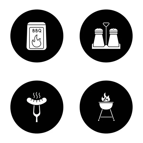 Barbecue Glyph Icons Set Coal Salt Pepper Shakers Grilled Sausage — Stock Vector