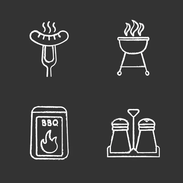 Set Iconos Tiza Para Barbacoa Agitadores Carbón Sal Pimienta Salchichas — Vector de stock