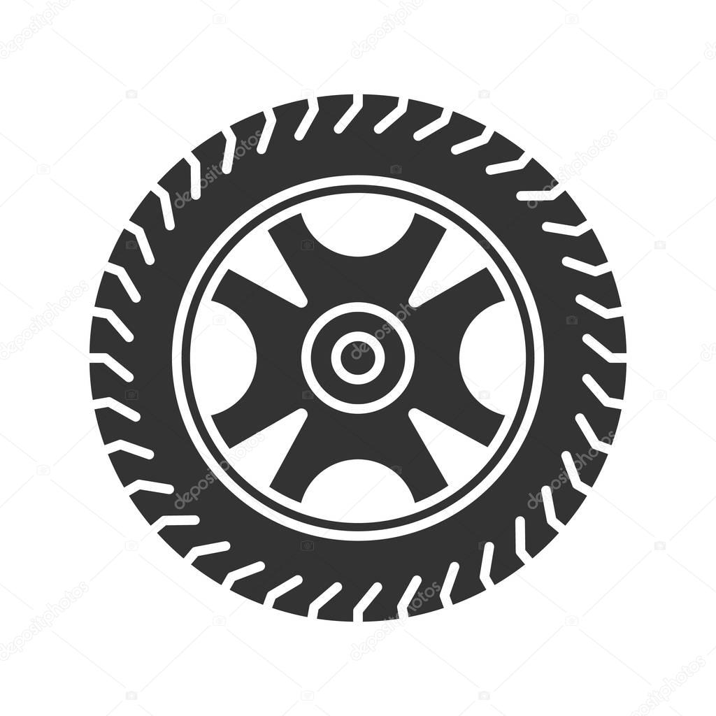 Car rim and tire glyph icon. Automobile wheel. Silhouette symbol. Negative space. Vector isolated illustration