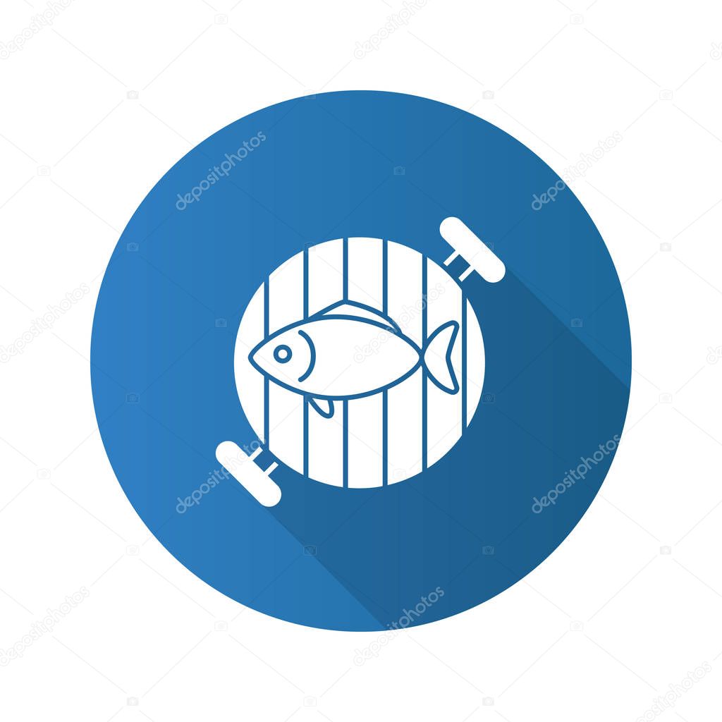 Fish on barbecue grill flat design long shadow glyph icon. Vector silhouette illustration