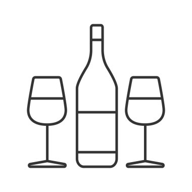 Şarap ve iki bardak doğrusal simgesi. İnce hat illüstrasyon. Şampanya. Kontur sembolü. İzole vektör çizim