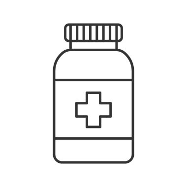 Doğum kontrol hapları doğrusal simgesi şişe. İnce hat illüstrasyon. İlaçlar. Kontur sembolü. Çizim vektör izole anahat