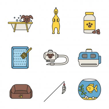 Evcil hayvan malzemeleri Icons set renk. Damat, kauçuk tavuk, Veteriner ilaçları, cats çöp kutu, hoover, Evcil hayvan taşıyıcı, hayvan yatak, akvaryum, tüy oyuncak. İzole vektör çizimler