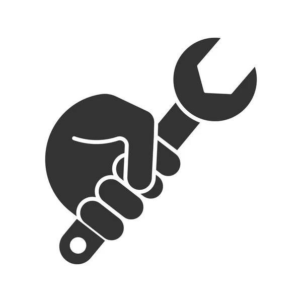 Hand Hält Schraubenschlüssel Glyphen Symbol Silhouette Symbol Kombinationsschlüssel Negativer Raum — Stockvektor
